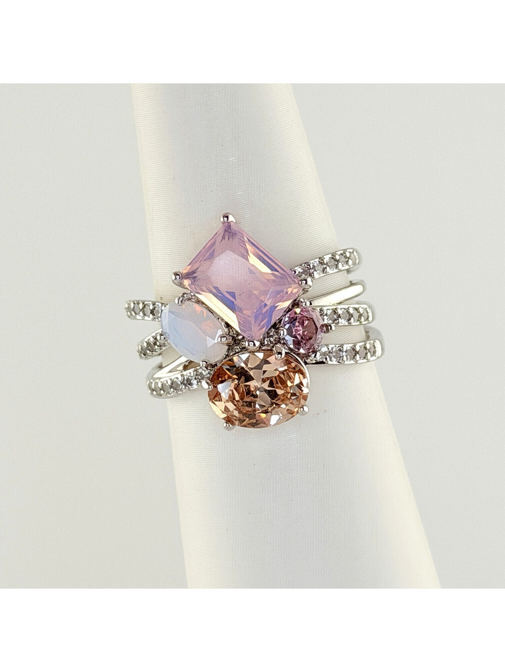 Bomb Party Ring Sz 9 "Love You, Mean It" Gradient of CZ & Moonstone on Rhodium